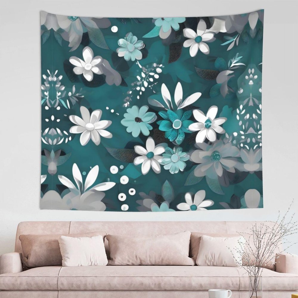 WZYCWB Teal Grey and White Floral Patterned Wall Decor Tapestry Multipurpose Dorm Wall Hanging, Can Be Used As Bedroom Living Room - 60x51 Inch,