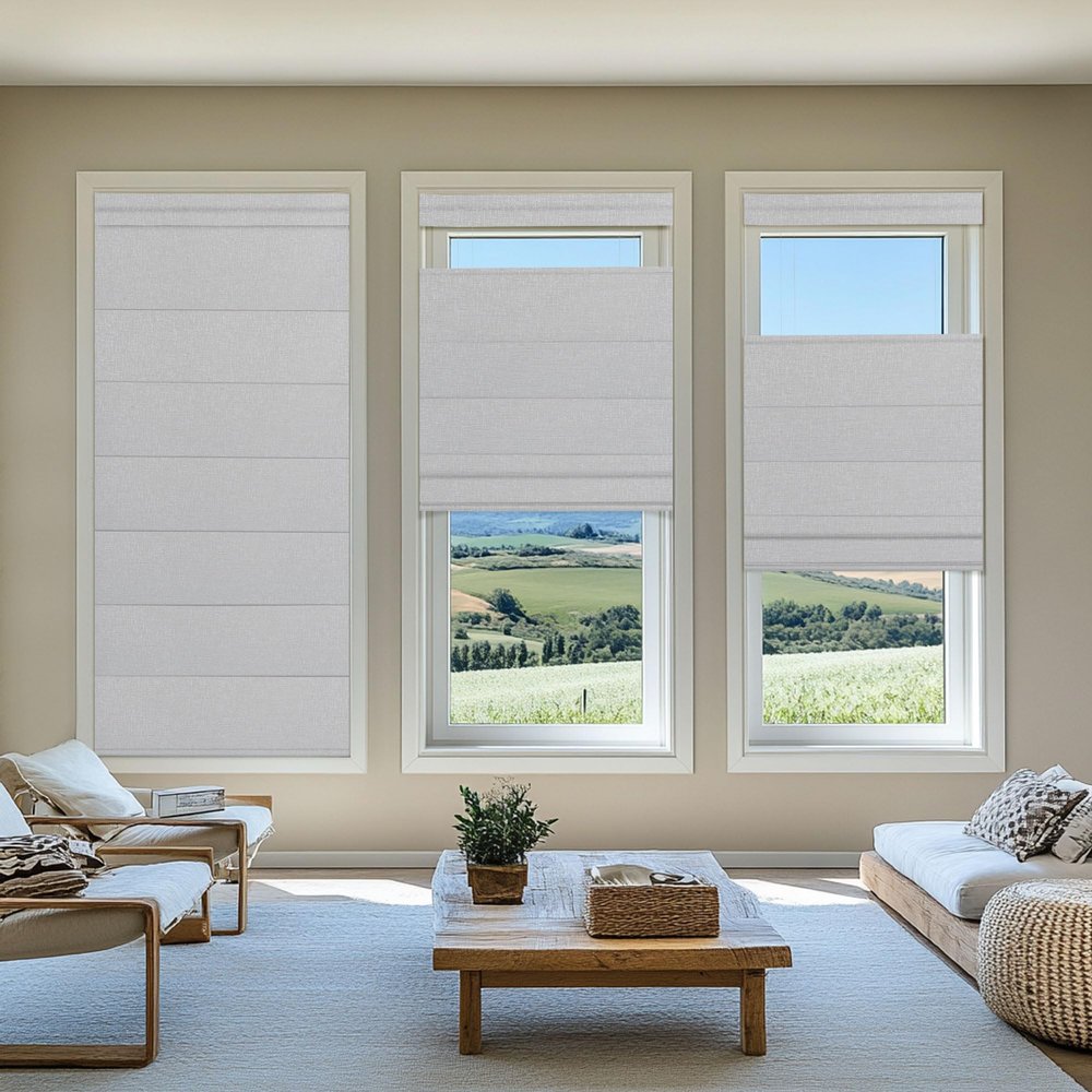 Sulugood NO Drill NO Tools Cordless Roman Shades for Interior Windows, Top Down Bottom Up Roman Window Shade, Custom Blackout Linen Roman Window Blinds(29" W x 52" H) Full Blackout White