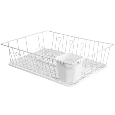 17.5 Inch White Single Level Dish Rack with 14 Plate Positioners and a Detachable Utensil Holder