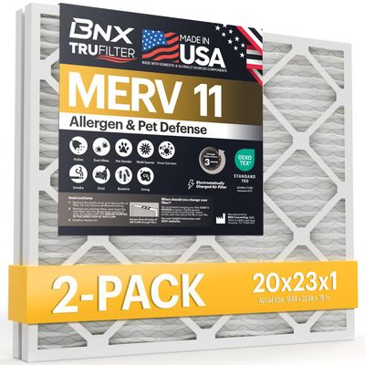 BNX TruFilter 20x23x1 Air Filter MERV 11 (2-Pack)- MADE IN USA - Allergen Defense Electrostatic Pleated Air Conditioner HVAC AC Furnace Filters for Allergies, Dust, Pet, Smoke, Allergy MPR 1200 FPR 7