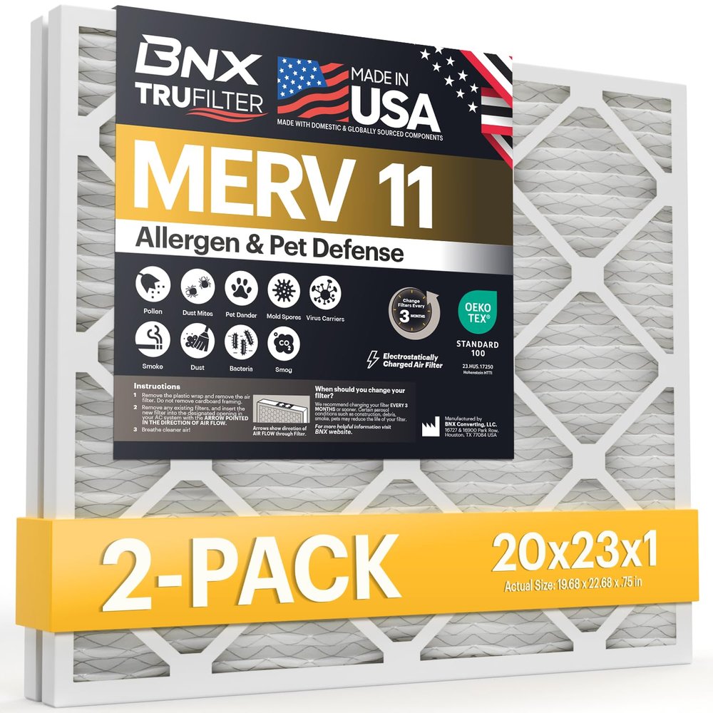BNX TruFilter 20x23x1 Air Filter MERV 11 (2-Pack)- MADE IN USA - Allergen Defense Electrostatic Pleated Air Conditioner HVAC AC Furnace Filters for Allergies, Dust, Pet, Smoke, Allergy MPR 1200 FPR 7