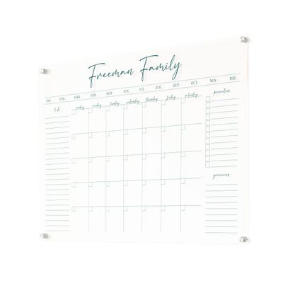 Personalized Clear Acrylic Calendar for Wall, Calendar Whiteboard for Wall, Dry Erase Wall Calendar, Wall Calendar Organizer System for Home (Cursive, Jade, 38"W x 26"H)