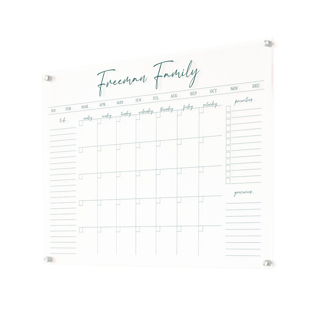 Personalized Clear Acrylic Calendar for Wall, Calendar Whiteboard for Wall, Dry Erase Wall Calendar, Wall Calendar Organizer System for Home (Cursive, Jade, 38"W x 26"H)