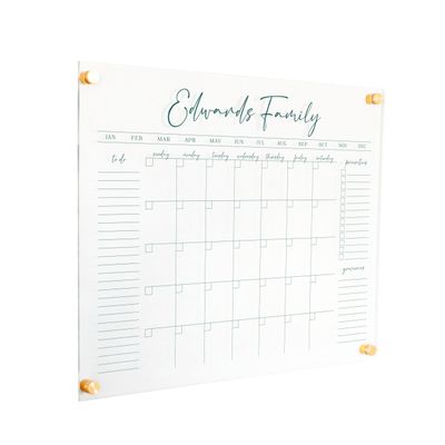 Personalized Clear Acrylic Calendar for Wall, Calendar Whiteboard for Wall, Dry Erase Wall Calendar, Wall Calendar Organizer System for Home (Cursive, Jade, 23"W x18.5"H)