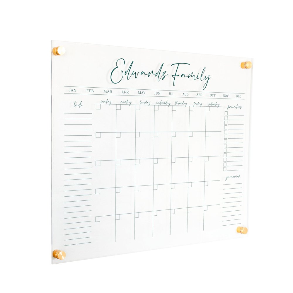 Personalized Clear Acrylic Calendar for Wall, Calendar Whiteboard for Wall, Dry Erase Wall Calendar, Wall Calendar Organizer System for Home (Cursive, Jade, 23"W x18.5"H)