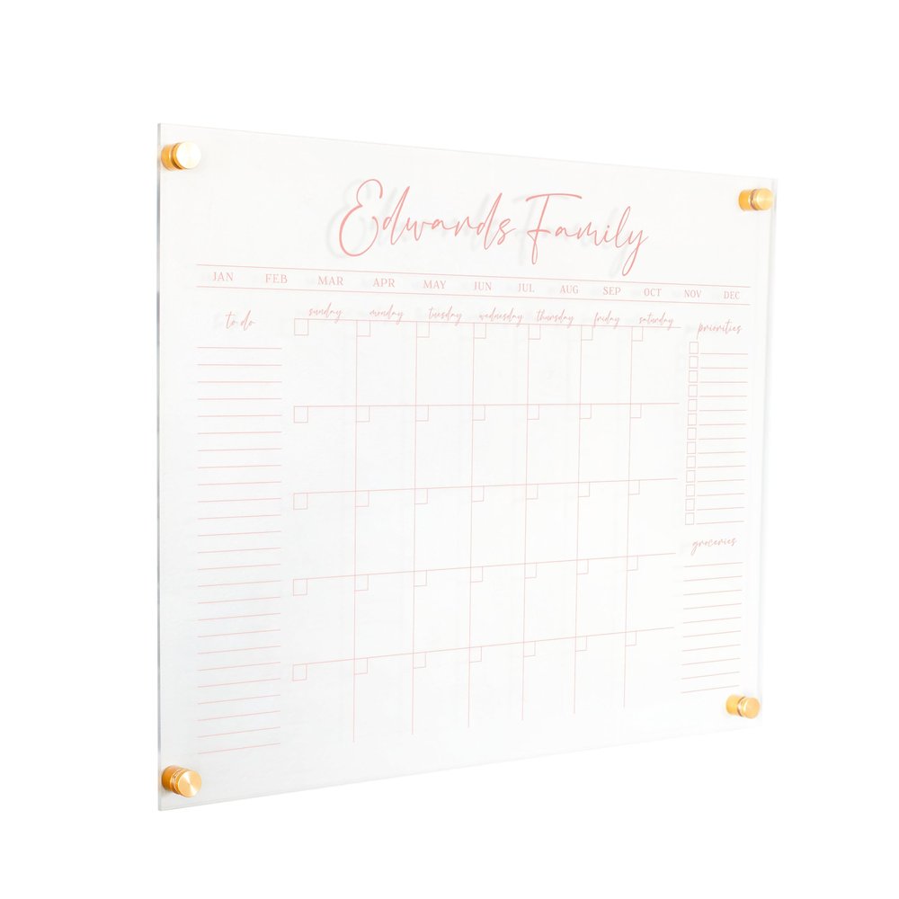 Personalized Clear Acrylic Calendar for Wall, Calendar Whiteboard for Wall, Dry Erase Wall Calendar, Wall Calendar Organizer System for Home (Cursive, Blush, 23"W x18.5"H)