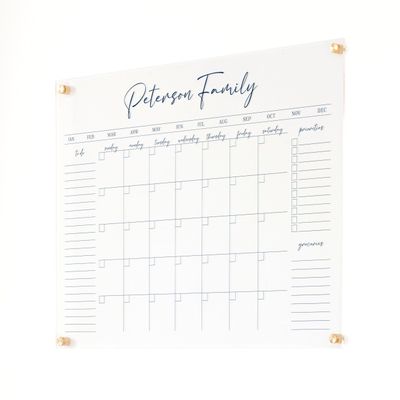 Personalized Clear Acrylic Calendar for Wall, Calendar Whiteboard for Wall, Dry Erase Wall Calendar, Wall Calendar Organizer System for Home (Cursive, Navy, 31"W x 23"H)
