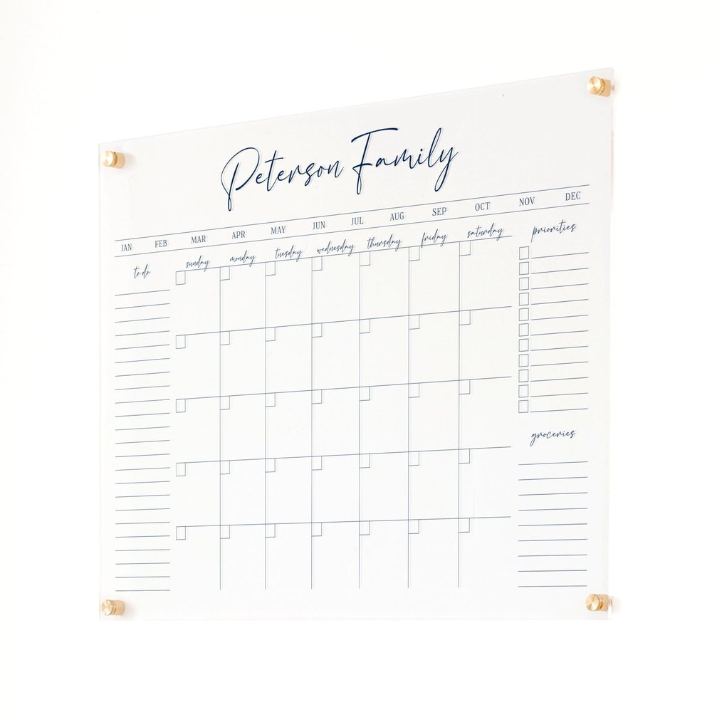 Personalized Clear Acrylic Calendar for Wall, Calendar Whiteboard for Wall, Dry Erase Wall Calendar, Wall Calendar Organizer System for Home (Cursive, Navy, 31"W x 23"H)