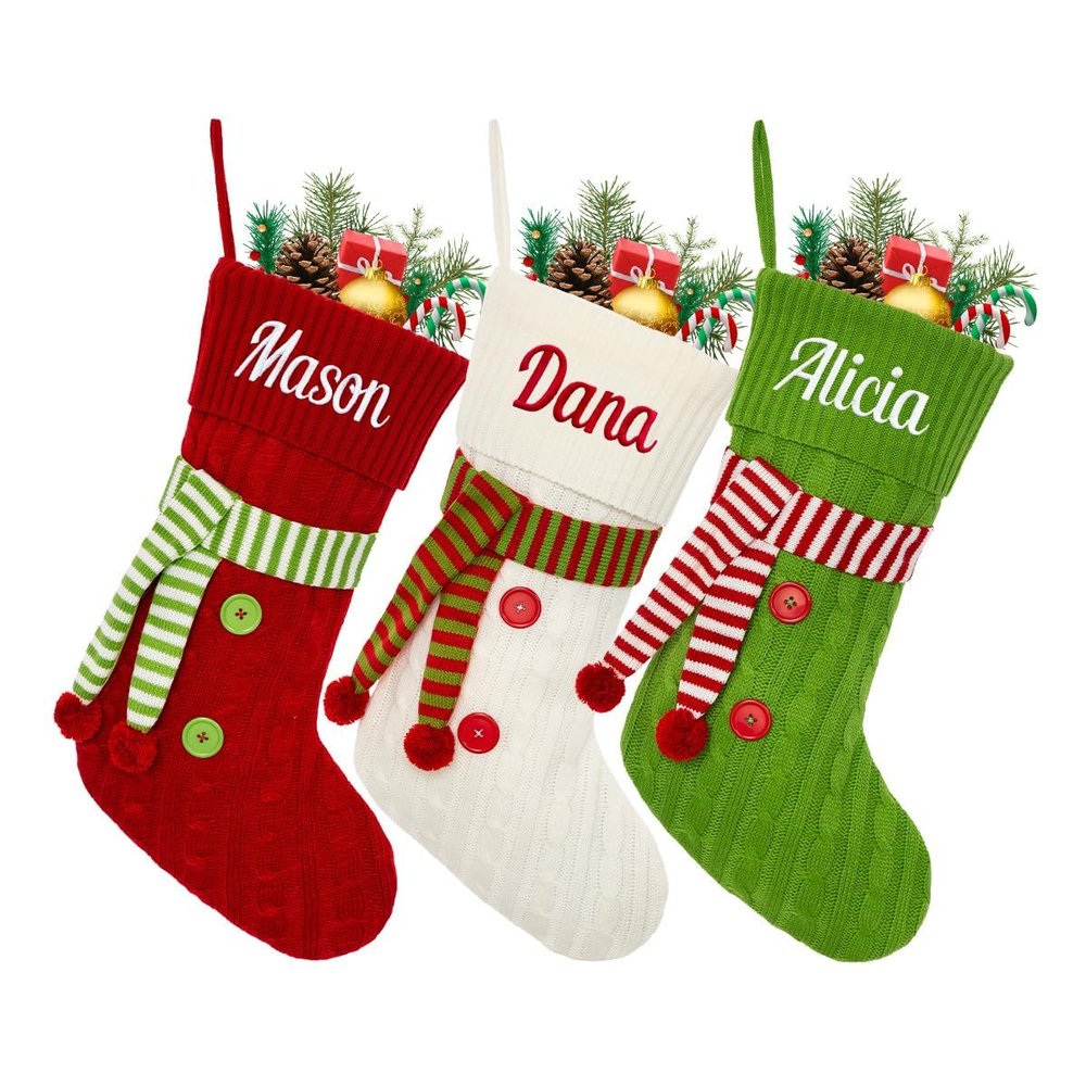 YISMEET Personalized Christmas Stocking, Custom Embroidered Name Family Christmas Stocking, Scarf Knitted Xmas Stockings for Children, Christmas Holiday Party Stocking, Decoration for Xmas Tree