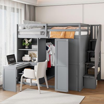 Eailaveo Full Size Loft Bed with Wardrobe and Desk, Multi-Function Wood Loft Bed Frame with Storage Shelves and Staircase for Kids Kids Teens Adults, Maximized Space (Grey-08)