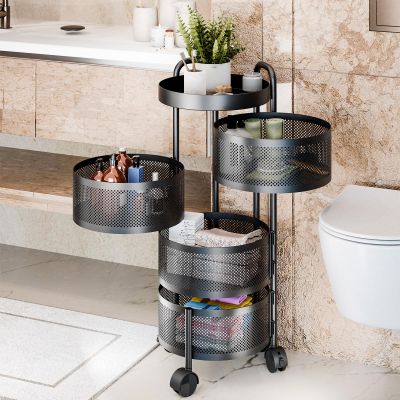 toxaaiwr Kitchen Trolley on Wheels, Rotating Trolley, Kitchen Trolley, 3/4 Levels Fruit Basket Storage Container, Removable Recess Shelf, Bathroom Shelf, Black, for Kitchen, Living Room Four Layer