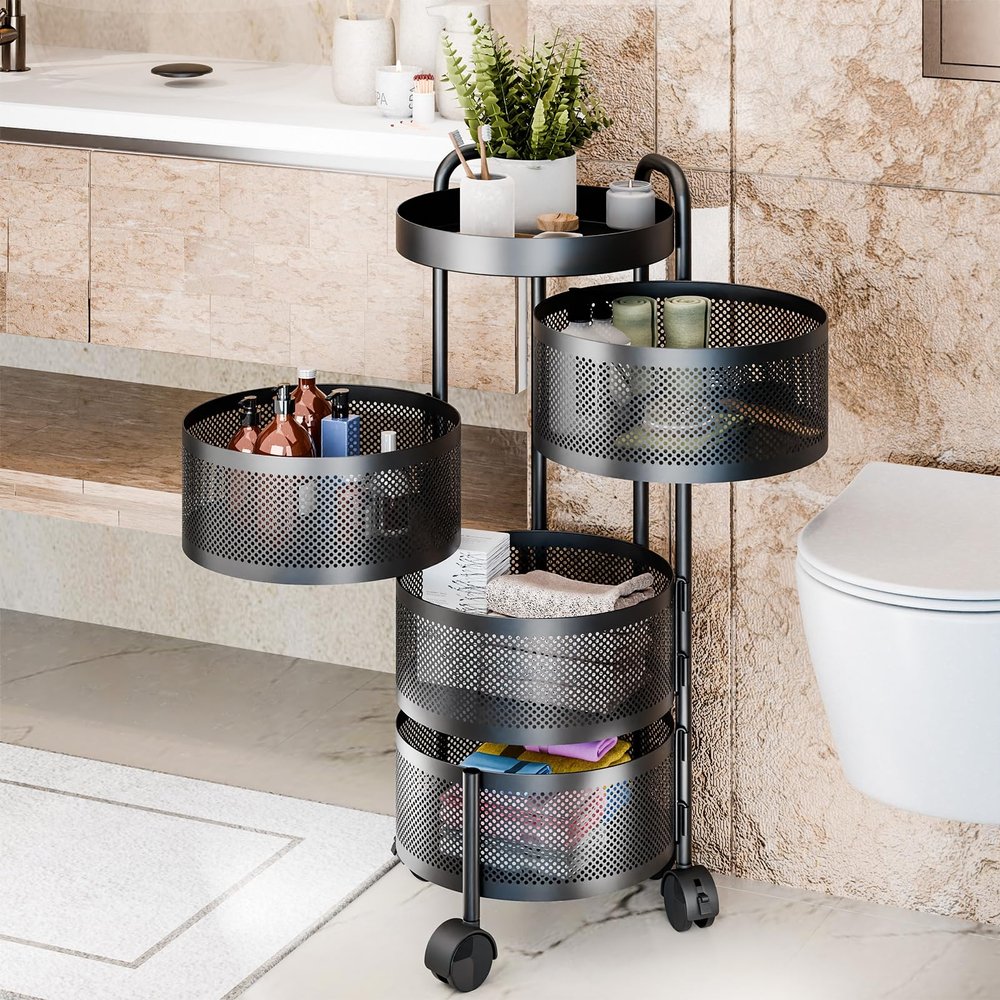 toxaaiwr Kitchen Trolley on Wheels, Rotating Trolley, Kitchen Trolley, 3/4 Levels Fruit Basket Storage Container, Removable Recess Shelf, Bathroom Shelf, Black, for Kitchen, Living Room Four Layer