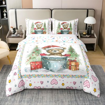 Feelyou Merry Bedding 100% Cotton Duvet Cover Set King Merry Christmas Tree Bedding Set Decor Bear Comforter Cover Wild Animal Bedspread Cover Bathtub Bedroom Bedclothes,No Comforter