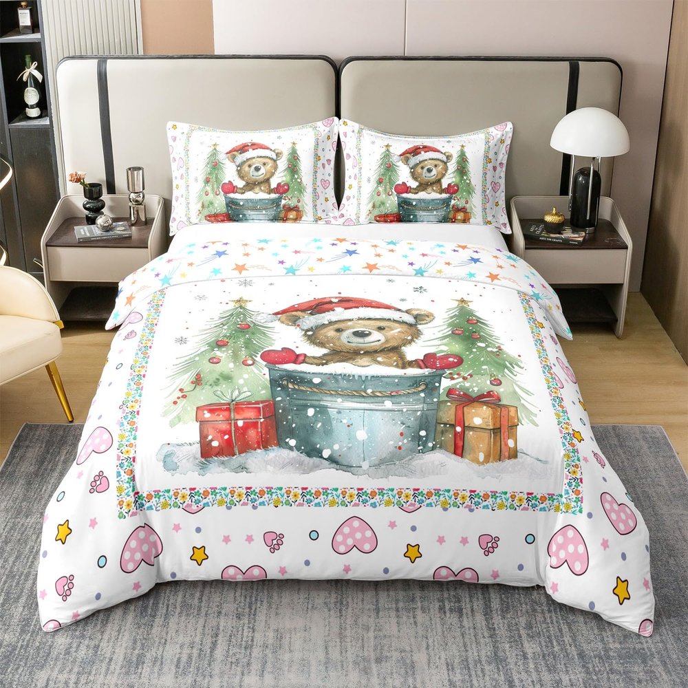 Feelyou Merry Bedding 100% Cotton Duvet Cover Set King Merry Christmas Tree Bedding Set Decor Bear Comforter Cover Wild Animal Bedspread Cover Bathtub Bedroom Bedclothes,No Comforter
