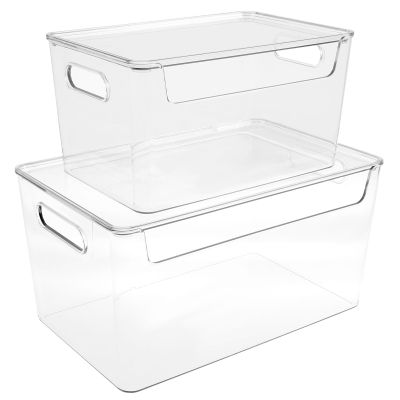 2Pcs Trash Bag Holder with Lid, Clear Garbage Bag Dispenser, Stackable Trash Bag Storage, Under Sink Trash Bag Roll Holder, Open Front Trash Bag Organizer for Garbage Bag