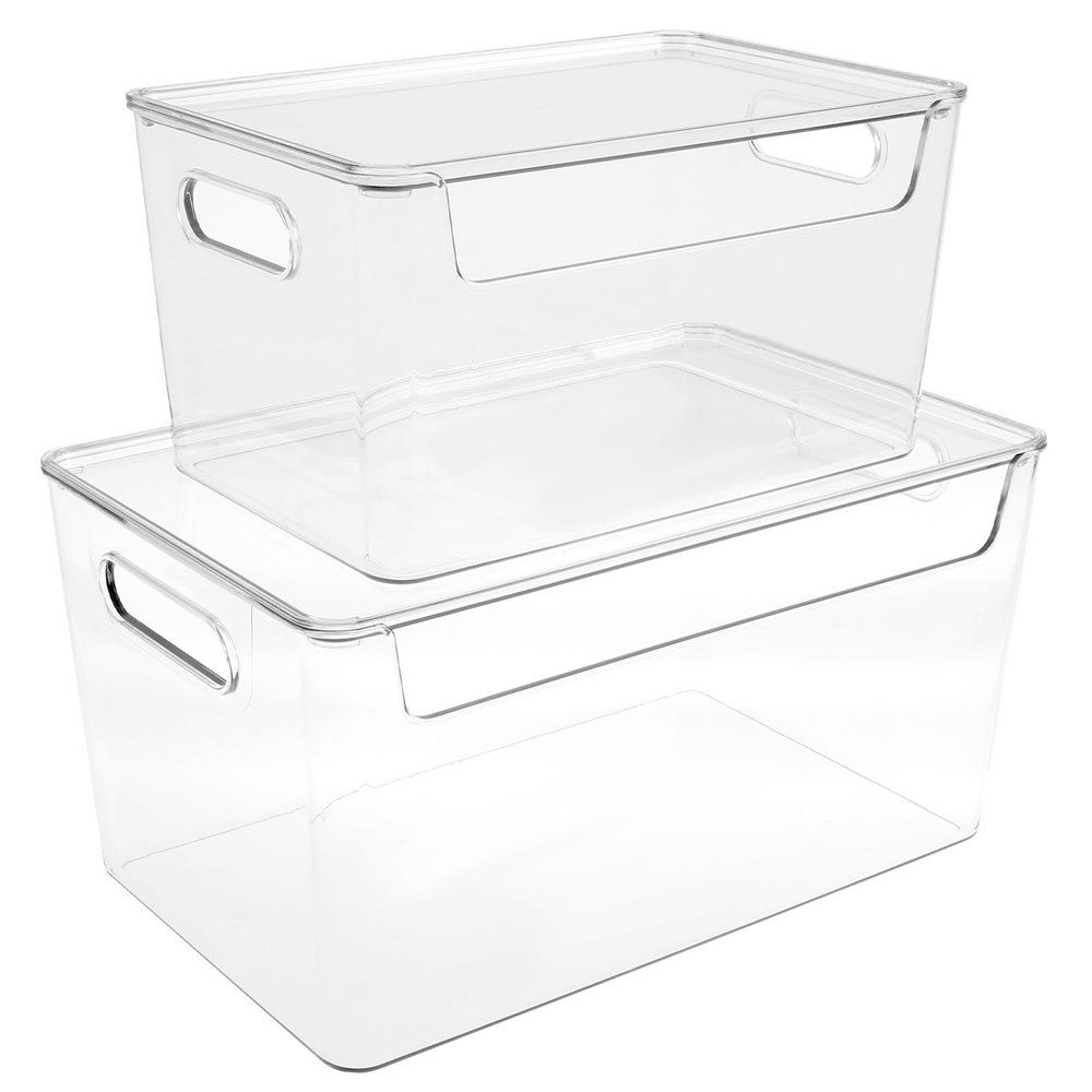 2Pcs Trash Bag Holder with Lid, Clear Garbage Bag Dispenser, Stackable Trash Bag Storage, Under Sink Trash Bag Roll Holder, Open Front Trash Bag Organizer for Garbage Bag