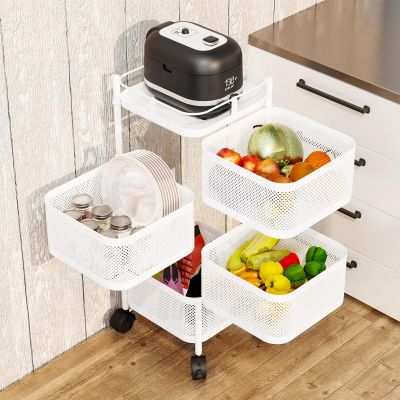 toxaaiwr Kitchen Storage Cart, Storage Trolley on Wheels, 4/5-Layer Rotating Trolley, Fruit Basket Storage Container, Fruit Vegetable Metal Wire Shelf with Top Lid for Living Room, Kitchen White 4-La