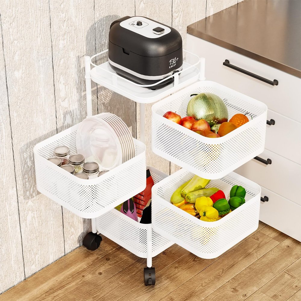 toxaaiwr Kitchen Storage Cart, Storage Trolley on Wheels, 4/5-Layer Rotating Trolley, Fruit Basket Storage Container, Fruit Vegetable Metal Wire Shelf with Top Lid for Living Room, Kitchen White 4-La