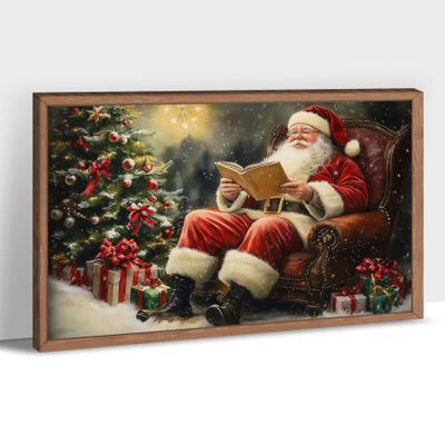 Vintage Christmas Canvas Wall Art, Kind Santa Claus Reading Book Painting Pictures for Home Wall Decor, Framed Rustic Winter Merry Christmas Tree Prints Posters for Holiday Room Artwork 12x18 Inches