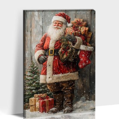 Christmas Canvas Wall Art, Kind Santa Claus Hold Gift in Snow Painting Picture for Home Wall Decor, Framed Rustic Merry Winter Holiday Present Watercolor for Print Poster for Room Artwork 18x24 Inches