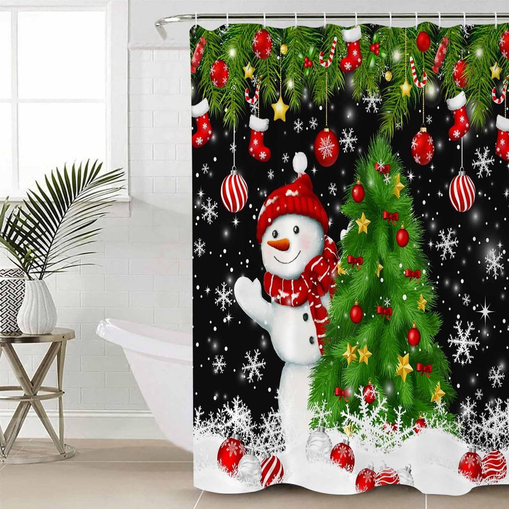 Christmas Red Snowman Decorative Shower Curtain Farmhouse Fabric Waterproof Bath Shower Curtains Bathroom Accessories Winter Xmas Tree Snowflake Balls Black Washable Curtain 36x72 Inch for Home Hotel