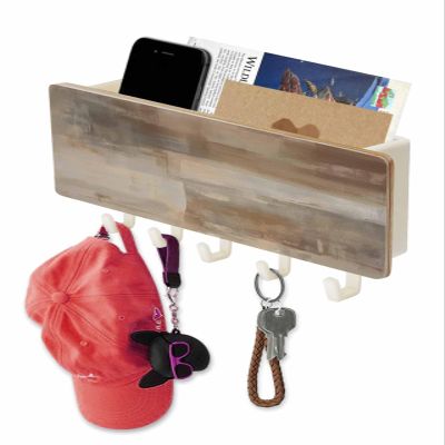 Gradient Brown Key Holder Wall Mount,Abstract Minimalism Painting Texture White Hanging Mail Organizer with 5 Key Hooks Wall Decorative,Adhesive Key Rack with Shelf for Hallway Kitchen Entryway