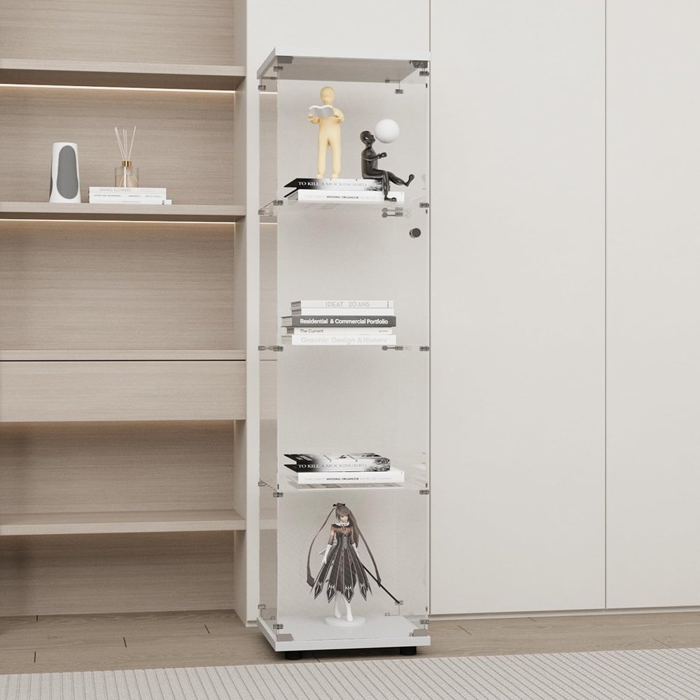 GDJAASJI Glass Display Cabinet with Lock, 1-Door 4-Shelf, White