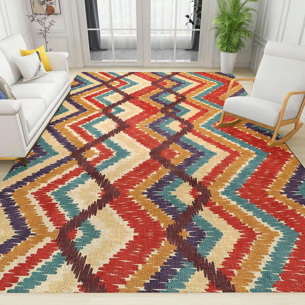 5x6 Rug Boho Geometric Lines Soft Washable Carpet, Colorful Line National Style Upholstery Rug with Non-Slip Backing for Kids Boys Girls Bedroom Living Room Dining Room Study