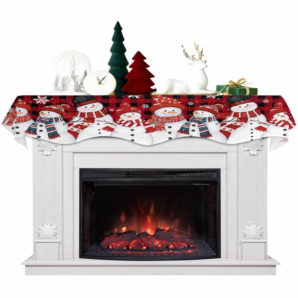 Christmas Snowman Fireplace Mantle Scarf, Winter Snowflake Checkered Red Black Fireplace Scarf Cover Mantel Shelf Top Scarf Runner Mantel Cover Fireplace Decoration for Holiday Living Room 60"x17"
