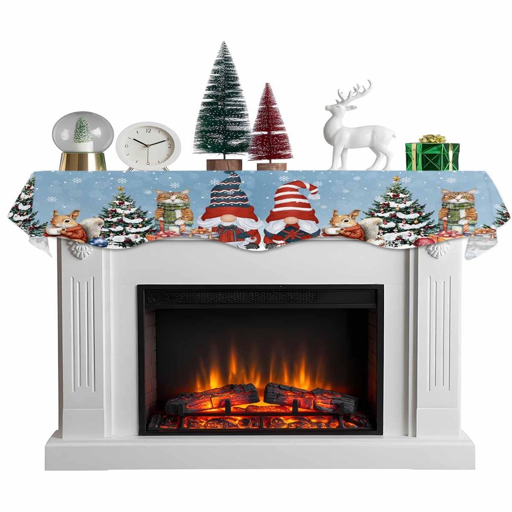 Blue Christmas Gnomes Fireplace Mantle Scarf, Winter Snowflake Xmas Pine Tree Cat Fireplace Scarf Cover Mantel Shelf Top Scarf Runner Mantel Cover Fireplace Decoration for Holiday Living Room 70"x17"