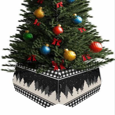 Christmas Tree Collars Holds 15" Diam Tree, Christmas Black and White Buffalo Grid Xmas Tree Snowflakesc Stand Base Christmas Tree Skirt Cover, 4-Piece Xmas Trees Ring Box for Holiday Party Decor