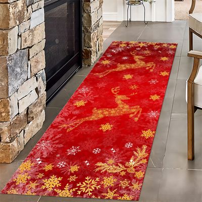 PLMHXC Christmas Elk Long Hallway Rug Runners, 2.6x10ft, Shiny Gold Snowflake Red Decor Runner Rug, Soft Foldable Washable Carpets, Breathable Low Pile Non-Slip Rugs for Bedside Entryway