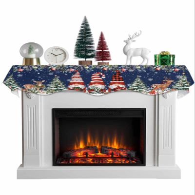 Christmas Gnomes Fireplace Mantle Scarf, Navy Blue Snowflake Poinsettia Eucalyptus Fireplace Scarf Cover Mantel Shelf Top Scarf Runner Mantel Cover Fireplace Decoration for Holiday Living Room 60"x17"