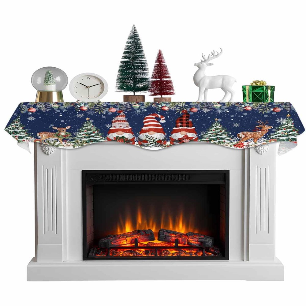 Christmas Gnomes Fireplace Mantle Scarf, Navy Blue Snowflake Poinsettia Eucalyptus Fireplace Scarf Cover Mantel Shelf Top Scarf Runner Mantel Cover Fireplace Decoration for Holiday Living Room 60"x17"
