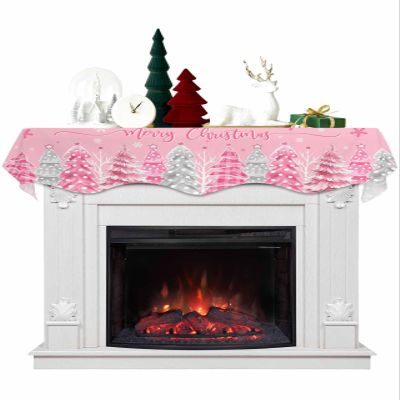 Pink Christmas Tree Fireplace Mantle Scarf, Snowflake Xmas Winter Buffalo Plaid Fireplace Scarf Cover Mantel Shelf Top Scarf Runner Mantel Cover Fireplace Decoration for Holiday Living Room 90"x17"