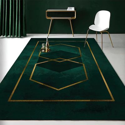2X3 Rug Small Emerald Green Art Soft Washable Carpet, Golden Geometric Lines Upholstery Rug with Non-Slip Backing for Kids Boys Girls Bedroom Living Room Dining Room Study