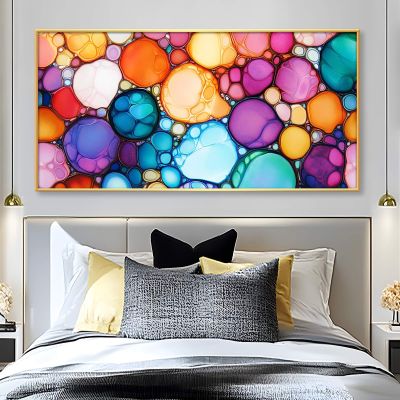 Colorful Bubbles Canvas Wall Art, Abstract Circles Canvas Print, Bubbles Picture, Geometric Shapes Decor, Abstract Wall Art Framed, Modern Artwork for Living Room (Gold Framed, 62"x31" | 160x80cm)