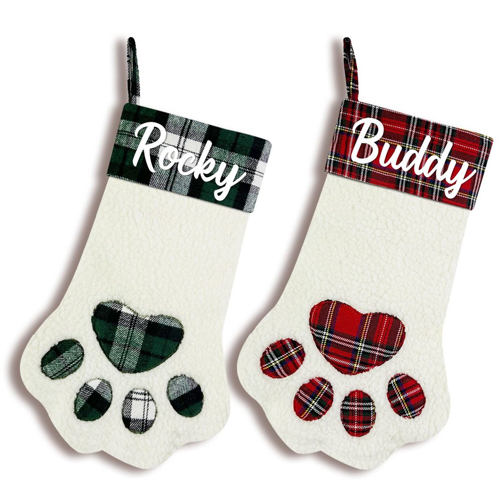 SPECPIX Pet Christmas Stockings Personalized Dog Christmas Stockings Custom Pets Paw Christmas Stockings with Name Large Xmas Stocking Hanging Stockings Christmas Holiday Party Decorations Set of 7