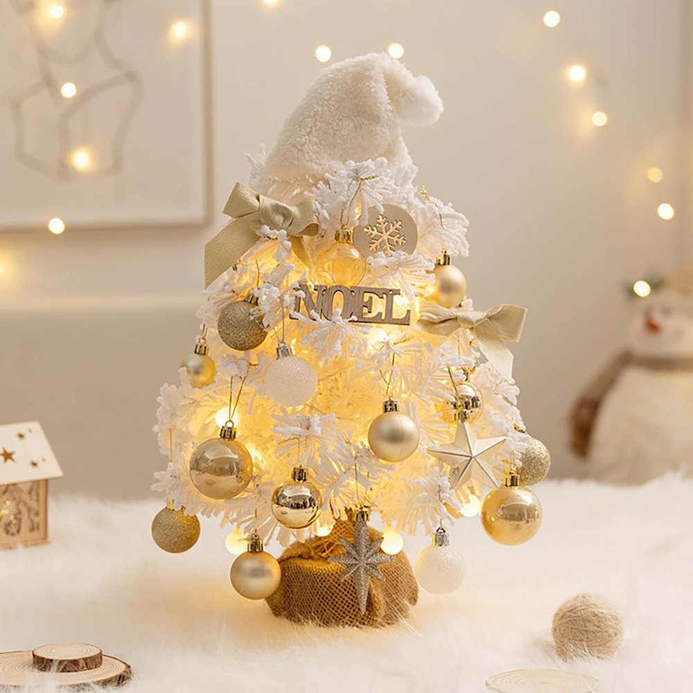 Mokylor 17.7 in Artificial Small Desktop Xmas Tree with Hanging Ornaments, Faux Flocked Christmas Tree with Xmas Balls for DIY Christmas Decoration (White)