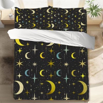 Roadchoice Colored Moon Duvet Cover Star Twin SizeComforter Cover Set Night Sky Teenager Child Bedding Set Three Piece Suit, 1 Duvet Set with 2 Pillowcase
