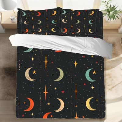 Roadchoice Colored Moon Duvet Cover Star Twin SizeComforter Cover Set Night Sky Teenager Child Bedding Set Three Piece Suit, 1 Duvet Set with 2 Pillowcase