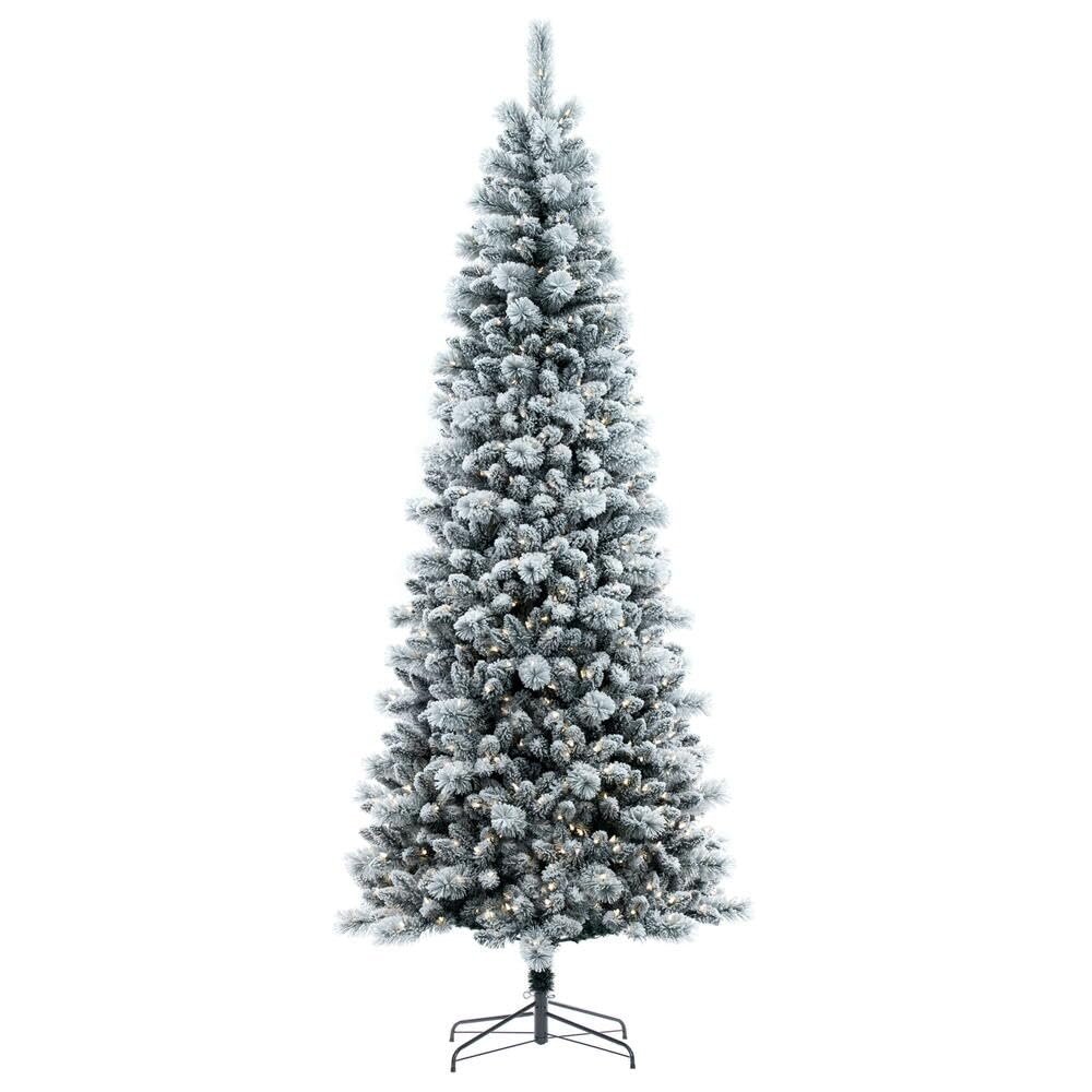 Vickerman 7.5' x 36" Flocked White Pine Artificial Slim Pre-lit Christmas Tree with 550 Dura-Lit Warm White LED Mini Lights