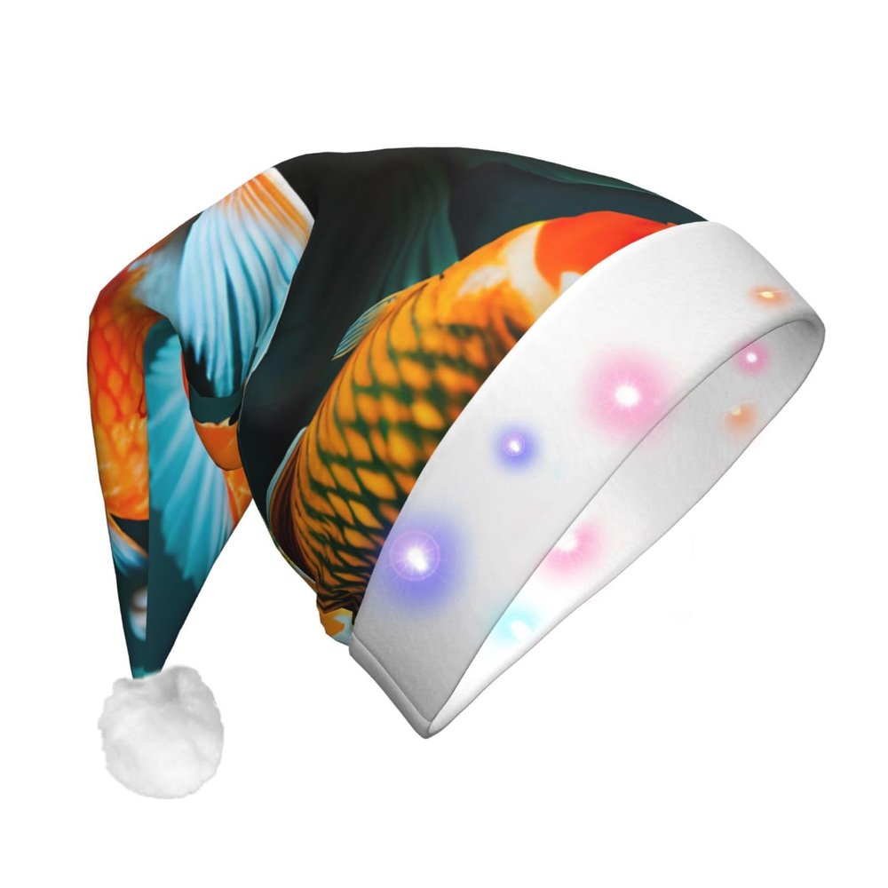 QASNLU HD Japanese Koi Fish print Santa Hat Plush Light Up Funny Christmas Hat For skullcap Party Supplies Headwear
