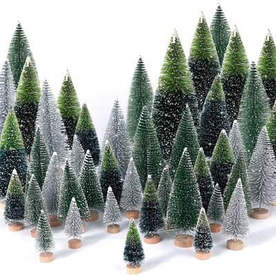 30pcs Mini Christmas Tree Desktop, Artificial Christmas Pine Tree, Mini Bottle Brush Trees Tabletop, Small Sisal Trees with Wooden Bases, Xmas Holiday Decor (Dark Green+Silver)