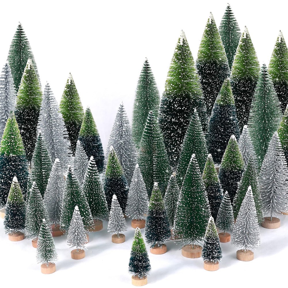 30pcs Mini Christmas Tree Desktop, Artificial Christmas Pine Tree, Mini Bottle Brush Trees Tabletop, Small Sisal Trees with Wooden Bases, Xmas Holiday Decor (Dark Green+Silver)