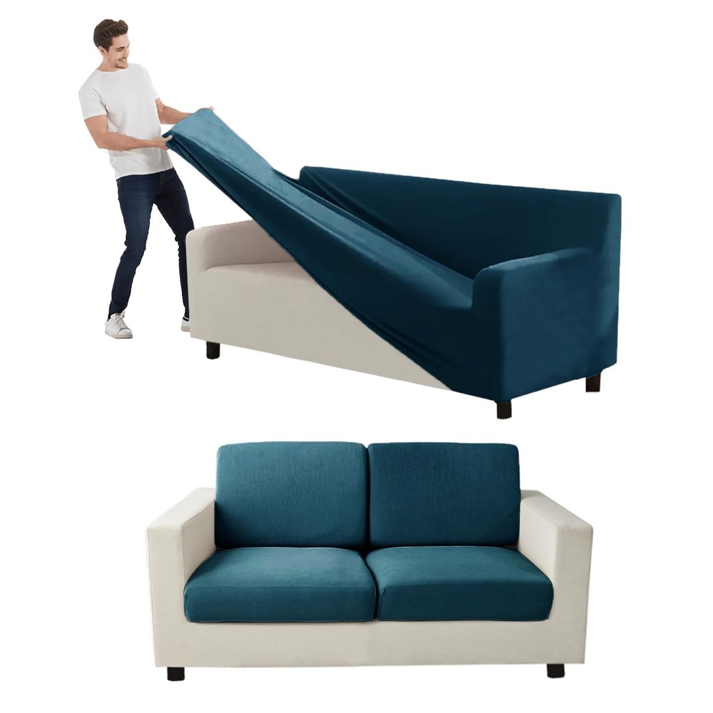 ZYXFYY Couch Cover Velvet, Stretch Sofa Covers for Separate Main Cover/Backrests and Seat Cushions Couch Cover, for Living Room Furniture Slipcovers (Peacock Blue,Large Main 5 Piece)