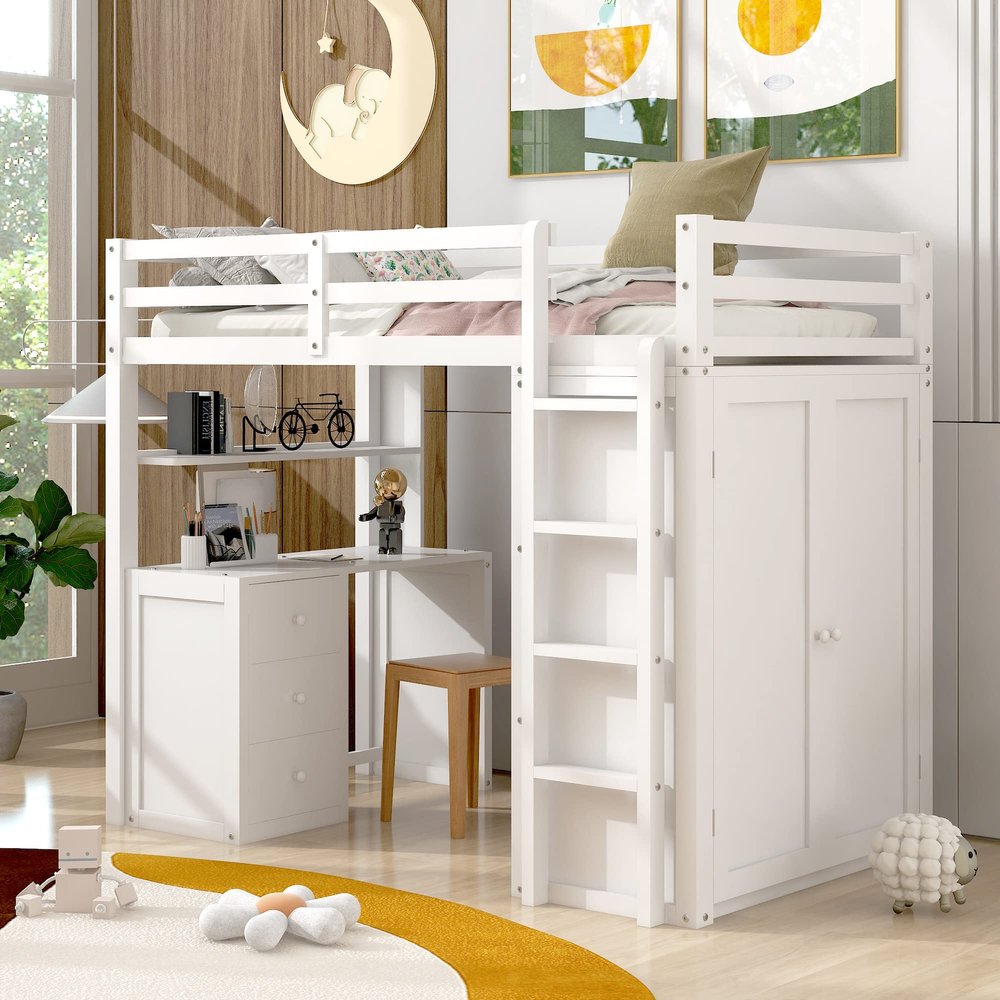 Ball & Cast Twin Size Loft Bed with Storage 3 Drawers and Wardrobe,Wood Bedframe w/Full-Length Guard Rail & Desk,Slat Support,Space Saving,Bedroom Furniture for Student Dorms,Studio,White