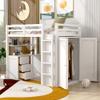 Ball & Cast Twin Size Loft Bed with Storage 3 Drawers and Wardrobe,Wood Bedframe w/Full-Length Guard Rail & Desk,Slat Support,Space Saving,Bedroom Furniture for Student Dorms,Studio,White view 3