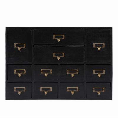 Fetcoi Apothecary Cabinet with 12 Drawers, Library Card Catalog Cabinet with Metal Handles, Home Office Wooden Storage Box Curio Cabinet Tea Organizer for Desktop Organizer, Black