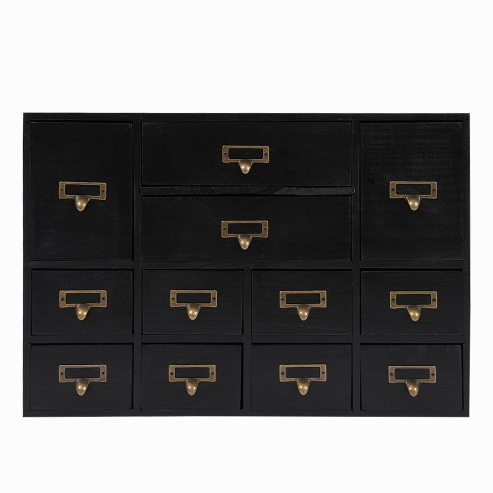 Fetcoi Apothecary Cabinet with 12 Drawers, Library Card Catalog Cabinet with Metal Handles, Home Office Wooden Storage Box Curio Cabinet Tea Organizer for Desktop Organizer, Black